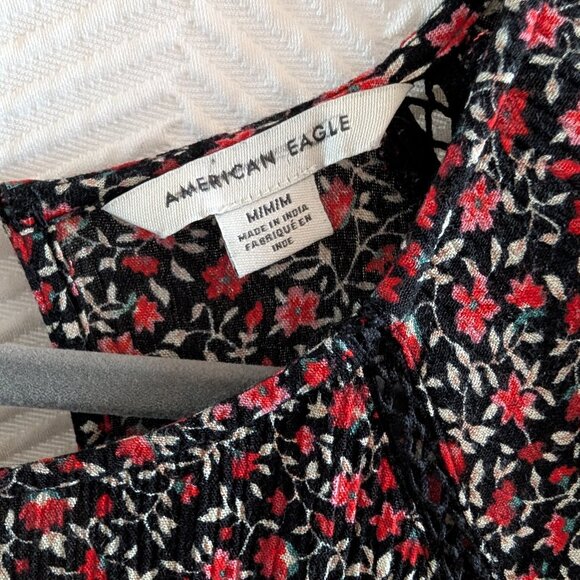 American Eagle Dark Floral mini dress smocked waist Medium Cottagecore Fall - Picture 3 of 15